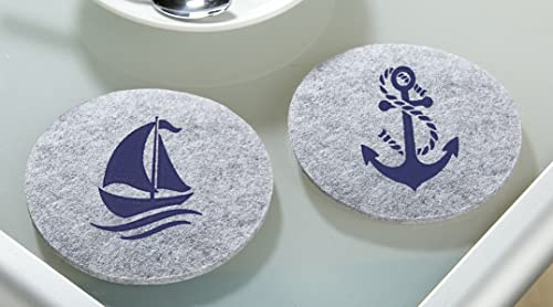 Maritime Getränkeuntersetzer aus Polyester-Filz – 6er-Set Schiff, Ø 10 cm | grau, blaues Motiv – Glasuntersetzer mit nautischem Aufdruck – Tischdekoration & Schutz, leicht zu reinigen – Seaside No.64
