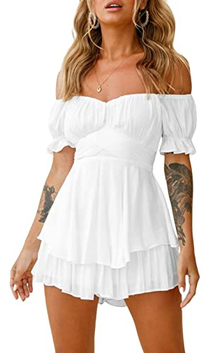 Women's Puff Sleeve Off Shoulder Mini Dress Square Neck Ruffled A Line Flowy Swing Beach Dress Summer Smocked Sundress