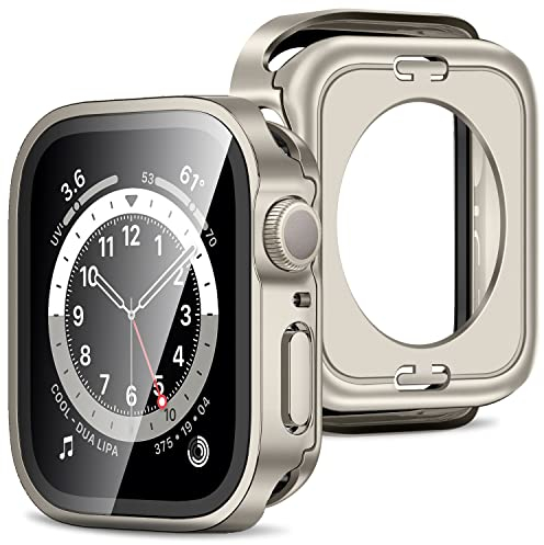 Amizee 2 en 1 Funda [2-Pièces] Compatible avec Apple Watch Series 9/8/7 45mm con Protector de Pantalla Cristal Templado, PC Duro Anti-Rasguños Protección Carcasa para iWatch 45mm - Starlight
