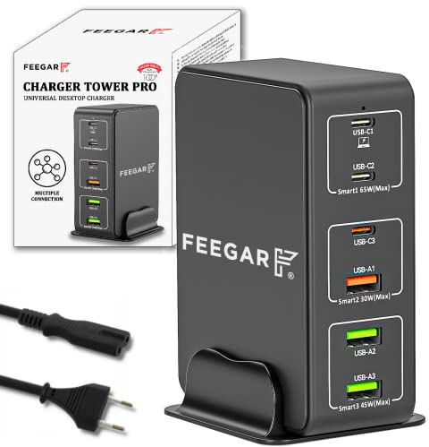 Feegar Tower 140W Ladestation USB 6-Port Desktop Wandladegerät,Tragbarer Mehrfach Port USB Ladegerät mit 6 USB-A und USB-C PD PPS Quick Charge QC 3.0