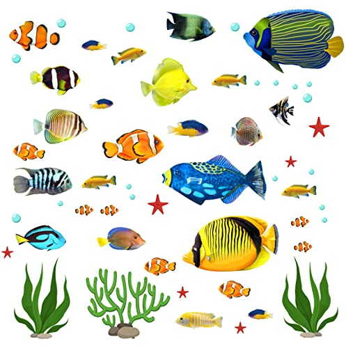 milaosk 2 Pcs Ocean Fish Wall Stickers, Tropical Fish Wall Decals Ocean Creatures Wall Decals Seaweed Marine Animal Stickers Waterproof for Baby Room Bathroom Decoration