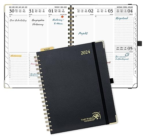 POPRUN Premium Kalender 2024 Wochenplaner 25,5 x 20,5 cm, 12-Monate-Terminplaner Ringbuch (Jan.2024-Dez.2024), Planer Hardcover mit Plastiklineal, Zertifiziertem Papier - Schwarz