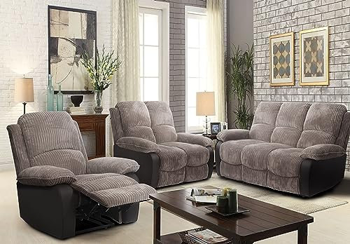 Comfy Living Fabric Jumbo Cord Recliner Sofa 3 Seater 2 Seater 1 Seater Chair Grey or Brown (2 Seater Sofa Only, Grey)