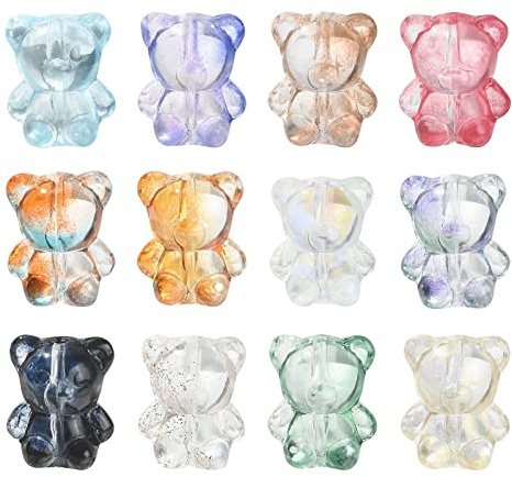 Stiesy Lot de 100 perles en verre colorées en forme d'ours - Perles en verre soufflé artisanales en forme d'ours mignon pour la fabrication de bijoux, bracelets et loisirs créatifs