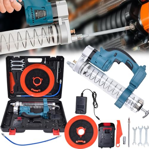 Fettpresse, Multi Akku Fettpresse mit 21V 3000 mAh Lithiumbatterien 3 Gang verstellbare Einhandfettpresse kabellos mit 3 Schraubenschlüssel Abstreifer Walze Hartes Rohr aus Legierung 300ml/min