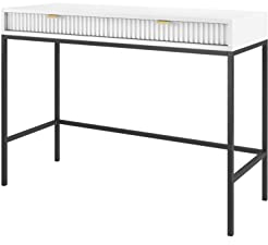BETTSO - Nova T-104 - Konsolen - Schminktisch - Beistelltisch - Kommode - Deko Wohnzimmer - Wohnzimmertisch - mit 2 Schubladen - Geriffelt, Schmal - Glamour - Weiß - mit schwarzen Griffen