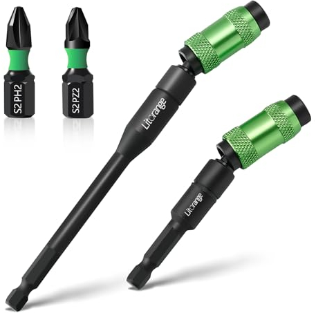 Litorange 2 supporti magnetici da 1/4, 90 mm + 145 mm, con punte esagonali flessibili da 25 mm, PH2/PZ2, prolunga per trapano girevole a 20 gradi per spazi o angoli stretti