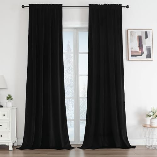 Joydeco Vorhänge Blickdicht Verdunkelungsvorhang Schwarz H 240 x B 140 2er Pack Wohnzimmer Samt Gardinen Thermovorhang Kälteschutz Schlafzimmer