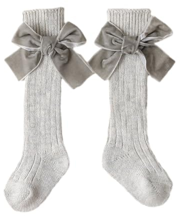 vreplrse Atmungsaktive und langlebige kniehohe gerippte Stricksocken für Mädchen, Baumwolle, für Kinder, große Schleife, Weihnachtssocke, modisch, umweltfreundlich, hellgrau M
