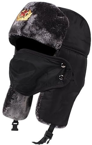 bomhys Russische Mütze Sowjetischer Militär-Russischer Pilot Uschanka-Mütze Winter-Outdoor-Ski-Schutz-Trapper-Mütze Herren-Mütze Winter-Dicke Warme Mütze, Schwarz, Einheitsgröße