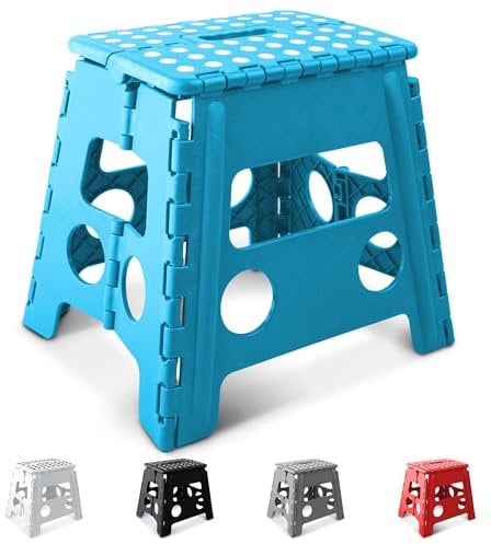 KEPLIN 13 Inch Heavy Duty Folding Step Stool | Non-Slip Foldable Footstool for Toddlers, Children & Adults | Portable, Lightweight Plastic Footstep w/Carrying Handle for Indoor or Outdoor (Blue)