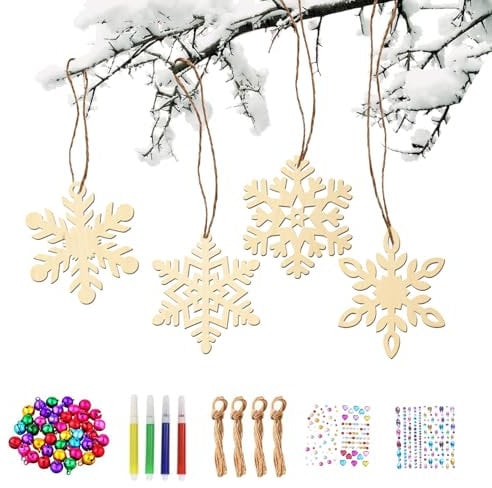 36 Stück Schneeflocke Holzanhänger Weihnachten Bastelset für Kinder,Weihnachtsbasteln Weihnachtsdeko Holz Weihnachtsanhänger Baumschmuck Weihnachten Geschenkanhänger Deko Schneeflocken Weihnachtsbaum