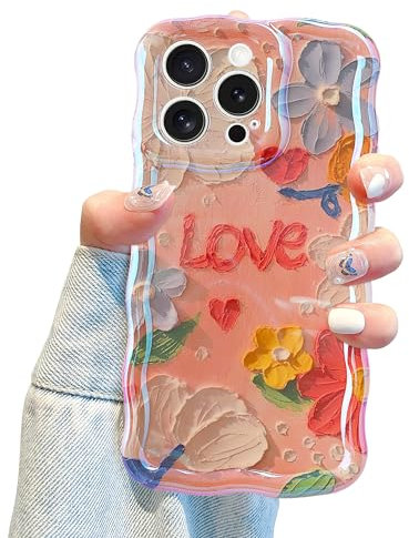 Jusy Oil Painting Flower Compatible with iPhone 15 Pro Max Case, Colorful Retro Floral Cute Curly Wave Frame Women Girls Cover for Apple 15 Pro Max (Love&Flower)
