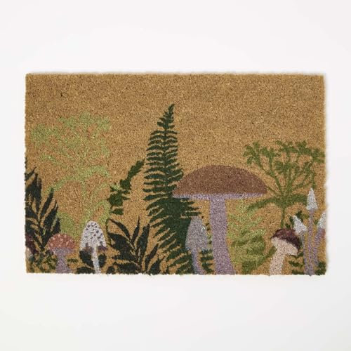 HOMESCAPES Coir Doormat Mushroom Patterned Outside Door Mats for Front Door, 60 x 40 cm, Anti-Slip, Natural and Green Colours, Durable, Dirt Trapper Door Mats Indoor or Outdoor