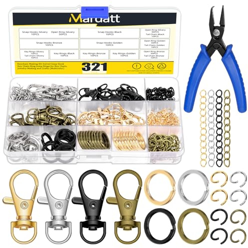 Mardatt 321 Stück 4 Farben Keychain Making Kit, Hummerklaue Verschluss und Schlüsselanhänger Ringe, Jump Rings, Kette Extender, Split Ring Zange für Schlüsselanhänger Schmuck machen DIY Crafts
