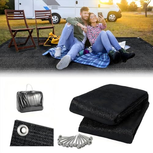 Sonnewelt Vorzeltteppich Markisenteppich 250x600cm, Hochwertiger Camping Teppich, Atmungsaktiv rutschfest Zeltteppich Schwarz, Outdoor Campingmatte mit 12 Löchern, 13 Heringe und Tragetasche