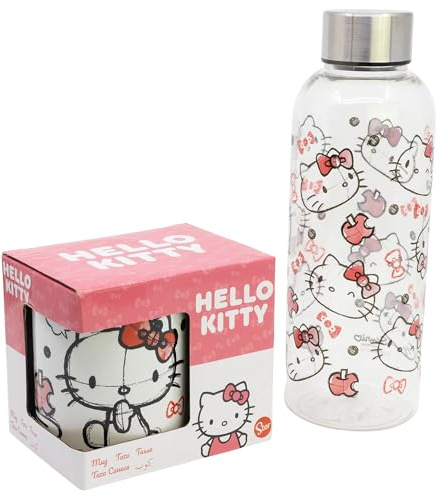 Stor Hello Kitty Flaschen- und Tassenset - 850ml Kunststoff-Hydroflasche mit Aluminiumdeckel und 325ml Keramiktasse - Offizielles Lizenzprodukt