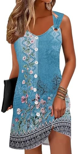 ABINGOO Sommerkleid Damen Leicht und Luftig Ärmelloses Blumen V-Ausschnitt Boho Knielang Strandkleid Elegante Tunika Kleid Freizeitkleid mit Knöpfen(Blau,L)