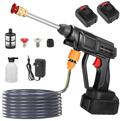 Nettoyeur haute pression sans fil 60 bar, 300 W, portable, haute pression, avec 2 batteries de 1500 mAh, buse de pulvérisation réglable, tuyau de 5 m, machine à laver pour le nettoyage du sol du