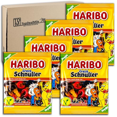 TopDealMile-Vorratspack für Haribo Crazy Schnuller vegetarisch 5 x 175g Schnuller aus Fruchtgummi und Lakritz, 3-fach sortiert. Ohne künstliche Farbstoffe.
