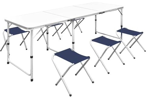 Vopese Klappbarer Campingtisch mit 6 Hockern - Aluminiumrahmen, MDF-Platte, für Garten, Picknick & Camping - 180x60x70/62/55 cm Model41329