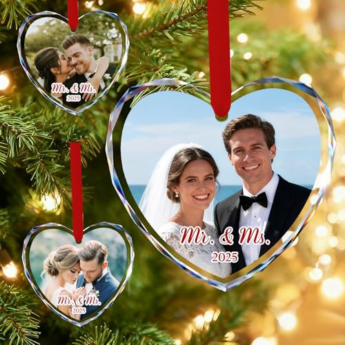 Personalisierte Weihnachtsschmuck mit Fotos 2025 Individuelles Bild Text Personalisierter Christbaumschmuck Decor Weihnchten Geschenk für Paare Familie (Kristallanhänger in Herzform)