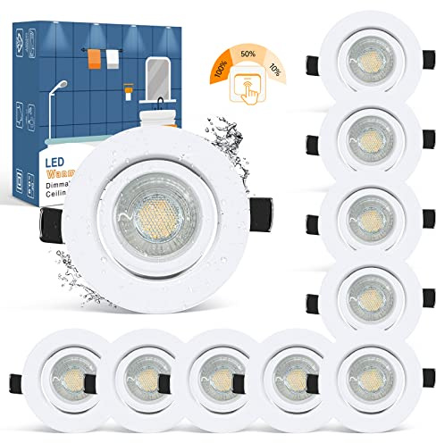 wowatt 10er LED Spots 230V 3 Stufe Dimmbar Schwenkbar 7W 2800K Warmweiß | Hell 700LM Einbaustrahler LED Weiß, IP44 Einbauleuchten Ultra Flach Rund für Badezimmer Küche, 68mm - 75 mm Lochmaß