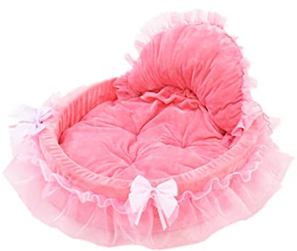 Haustierbett für Hunde und Katzen, selbstwärmend für kleine Hunde, für den Innenbereich, für Welpen, Prinzessin, Schleife, Spitze, Herz, elegantes, süßes Bett, Haus, Haustierwärmung (Rosa), Urlaubsde