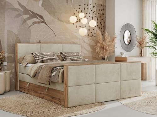MKS MEBLE Boxspringbett 180x200 Albero 2 King Duo – Bett mit Bettkasten, Kopfteil & Fußteil – 2 Matratzenebenen (7-Zonen Multipocket + Pocket) – Matratze H3 – Topper Visco – Beige Velvet