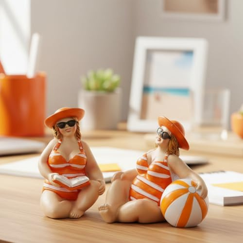MF Jodie Dekofigur 2er Set, Sommer Damen Figuren Handbemalt, Orange Weiß Gestreift, Kunstharz, 5 cm Höhe, Mediterrane Dekoration
