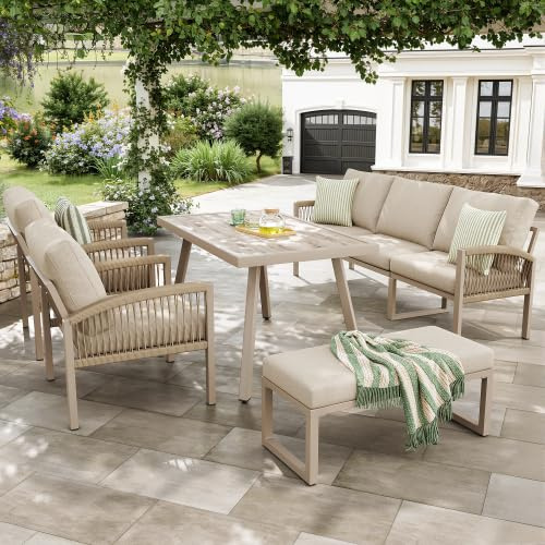 Gartenmöbel Set 7-tlg | Sitzgruppe Outdoor Rattan | Terrassenmöbel Lounge Set mit 8cm Polster | Balkonmöbel Handgeflochten | Sitzgarnitur Garten mit Glas-Tisch & Bank | Pflegeleichte Polsterhussen