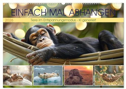 Einfach mal abhängen (Wandkalender 2026 DIN A2 quer), CALVENDO Monatskalender: Tierische Chillmomente - KI generiert (CALVENDO Tiere)