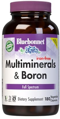 Bluebonnet Multi Minerals Supplement Plus Boron Chelated Magnesium Potassium Copper Selenium Manganese Chromium & Zinc Complex for Women & Men - No Iron, Non-GMO, Gluten-Free - 180 Vegetable Capsules