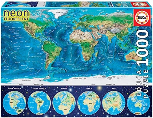 Educa - Puzzle 1000 Teile für Erwachsene | Weltkarte, Leuchtpuzzle, 1000 Teile Puzzle für Erwachsene und Kinder ab 14 Jahren, leuchtet im Dunkeln (16760)