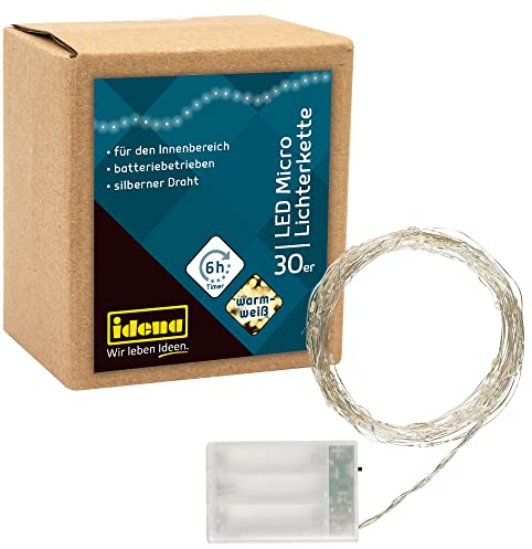 Idena 31824 - Microcadena de luces LED con 30 LED en blanco cálido, con función de temporizador de 6 horas, funciona con pilas, para fiestas, navidad, decoración, bodas, como luz de ambiente