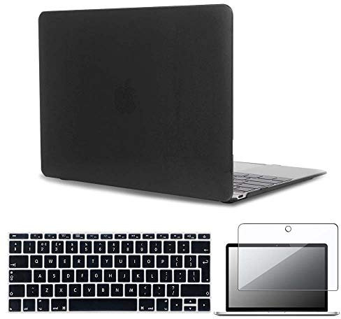 FINDING CASE Bundle 3 In 1 Rubberized Matte Hard Shell Case for Macbook Retina 12 inch A 1534,12” Hard Shell Case + UK/EU layout Silicone Keyboard Cover + Screen Protector (Black)