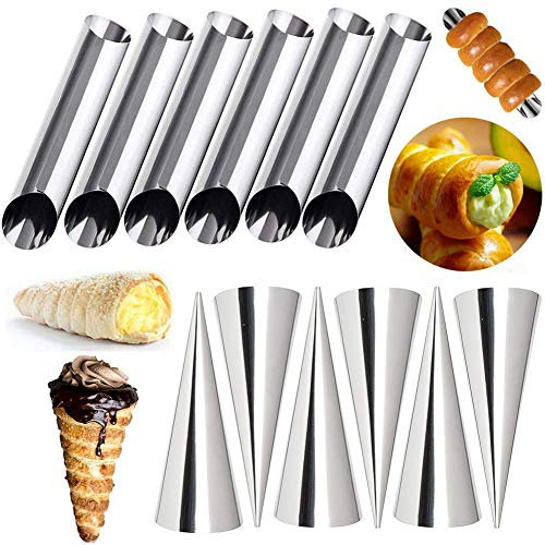 FishMM 12 Pieces Cream Horn Molds, Stainless Steel Cone Shaped and Tubular Shaped Mold for Cannoli Tubes Ice Cream Lady Lock Puff Waffle Pastry Roll Horn Croissant Shell Cream Roll