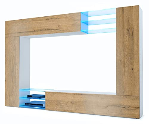 Vladon Wohnwand Mirage, Made in Germany, Anbauwand mit Rückwand mit 2 Türen, 2 Klappen und 6 offenen Glasablagen, Weiß matt/Eiche Natur, inkl. LED-Beleuchtung (262 x 183 x 39 cm)