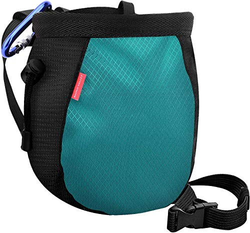 Rhino Valley Borsa per Magnesite da Arrampicata, Sacchetto per Magnesio Senza Perdite con Coulisse e Cintura Regolabile, Moschettone e Tasche con Cerniera per Arrampicata, Ginnastica,Nero e Azzurro