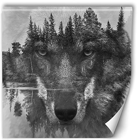 Feeby Papier peint intissé loup 100x100 cm noir et blanc déco murale