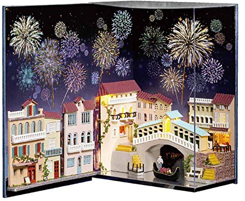 DIY Puppenhaus Miniatur Kit, 3D Holz DIY Miniatur Haus Buch Serie Modell Set Handarbeit mit LED-Licht Dekoration für Kinder (mit Batterie)(N-001)
