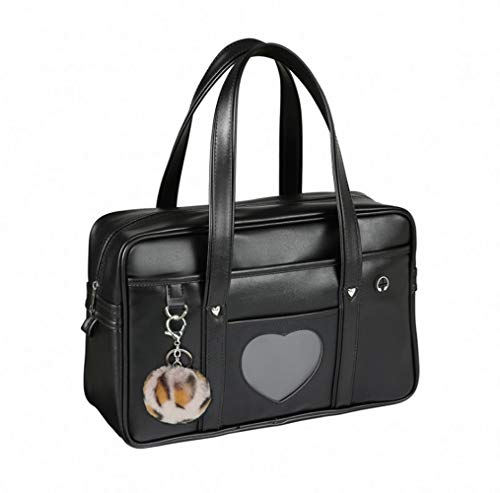 Chillpaper Large Japanese Shoulder Bag,Faux Leather Tote Bag Kawaii with Pink Leopard Pompom (A3 Big Size, Black Heart Window), Black, A3 Big Size