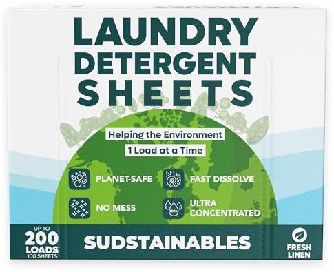 Sudstainables Hojas de detergente para ropa (200 cargas), ecológicas, cero residuos, sin plástico, para lavadoras de lavandería; tiras disolubles que ahorran espacio para viajes (lino fresco)