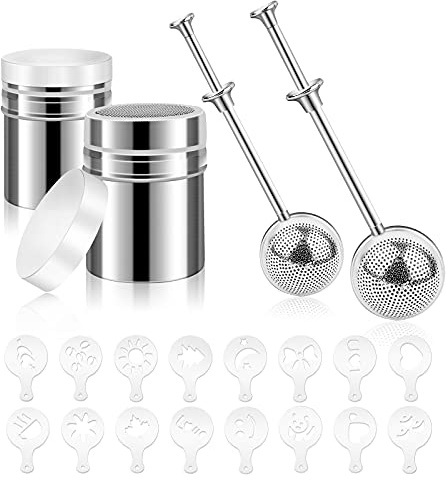 PROKITCHEN 20pcs Powder Sugar Shaker Flour Duster Set Stainless Steel Powder Shaker Dust Flour Sifter with Spring-operated handle Bonus 16pcs Printing Molds Stencils for Coffee Cappuccino Latte