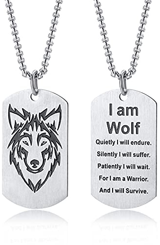 TempBeau Halskette Herren Wolf Ketten Edelstahl Wolf Anhänger Dog Tag Militär Stil Hundemarke Halskette für Männer mit 60cm Kette Herren Schmuck