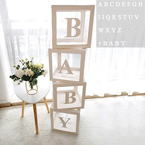 Cajas de decoración de baby shower para niños y niñas, 4 cajas de globos transparentes blancas con 30 letras, bebé+A-Z para nombre personalizado, decoración de fiesta de cumpleaños, bloques