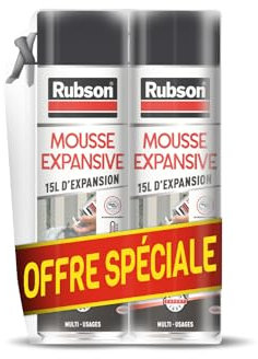 Rubson Mousse Expansive Multi-usages(Lot de 2), Mousse Polyuréthane Pour Isolation, Calage Et Rebouchage, Ultra Blanche, 15 Litres D'expansion