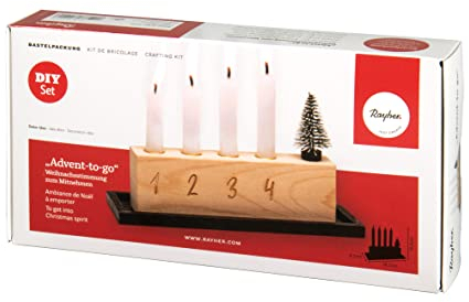 Rayher Adventskranz to go, Set 6tlg., 1 Kerzenhalter Holz 18,2 x 6,3 x 5 cm, 1 Holztablett schwarz, 4 Kerzen weiß 10,5 cm, 1 Tannenbäumchen, 70054000