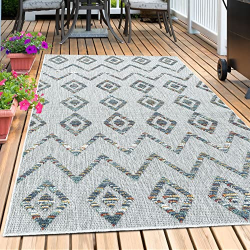 Carpetsale24 Outdoor Teppich Modern, Skandi Boho Ethno Muster 3D Optik, Rechteckig, Grau mit bunten Mustern, Hoch-Tief Effekt, Wetterfest, für Balkon, Garten, Terasse, Küche, Größe: 240 x 340 cm