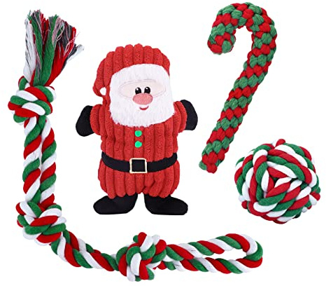 JYPS Lot de 4 Jouets de Noël pour Chien en Corde de Dentition pour l'ennui, Jouets en Peluche à mâcher Père Noël de 4 à 8 à 12 semaines pour Chiens de Petite, Moyenne et Grande Taille, Jouet